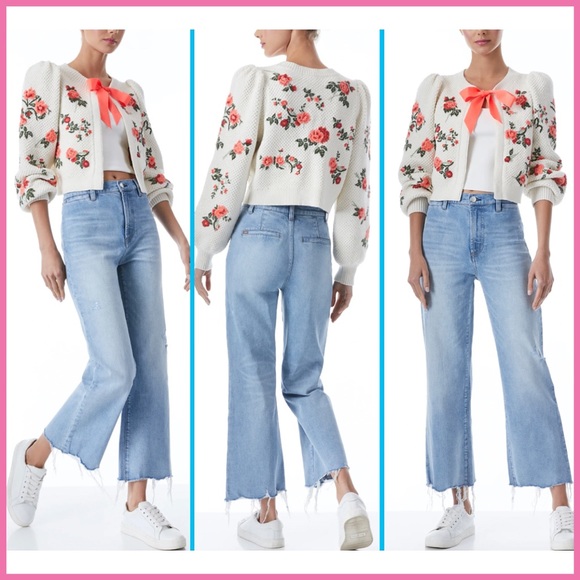 Alice + Olivia Kitty Floral Puff Sleeve Bow Tie Cardigan Sweater - Picture 6 of 17